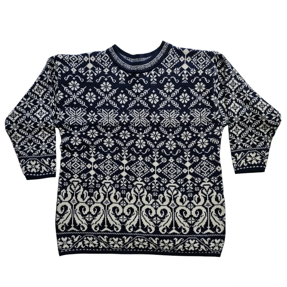 Vintage Venezia navy white snowflake crew neck sweater pullover 18/20 GUC